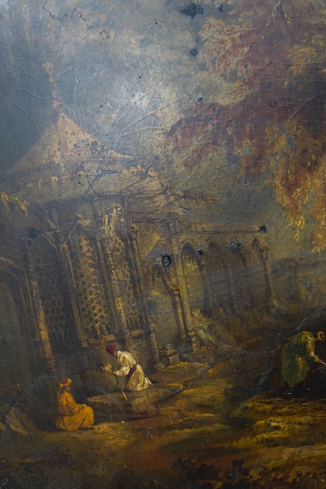 A Victorian japanned table top, depicting Indian grave robbers